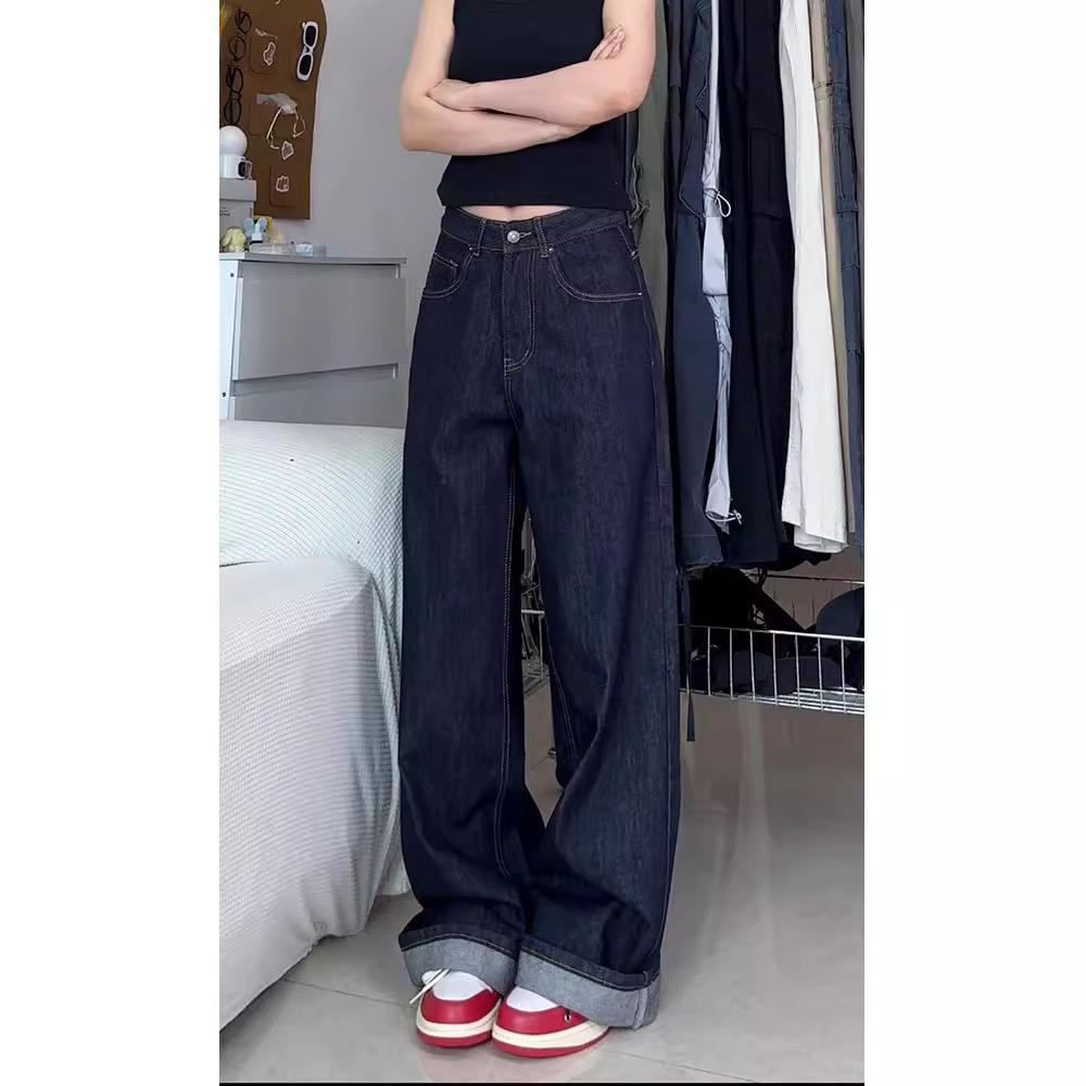 Women’s Plus Size Retro Dark Blue Wide-Leg High Waist Jeans for Autumn
