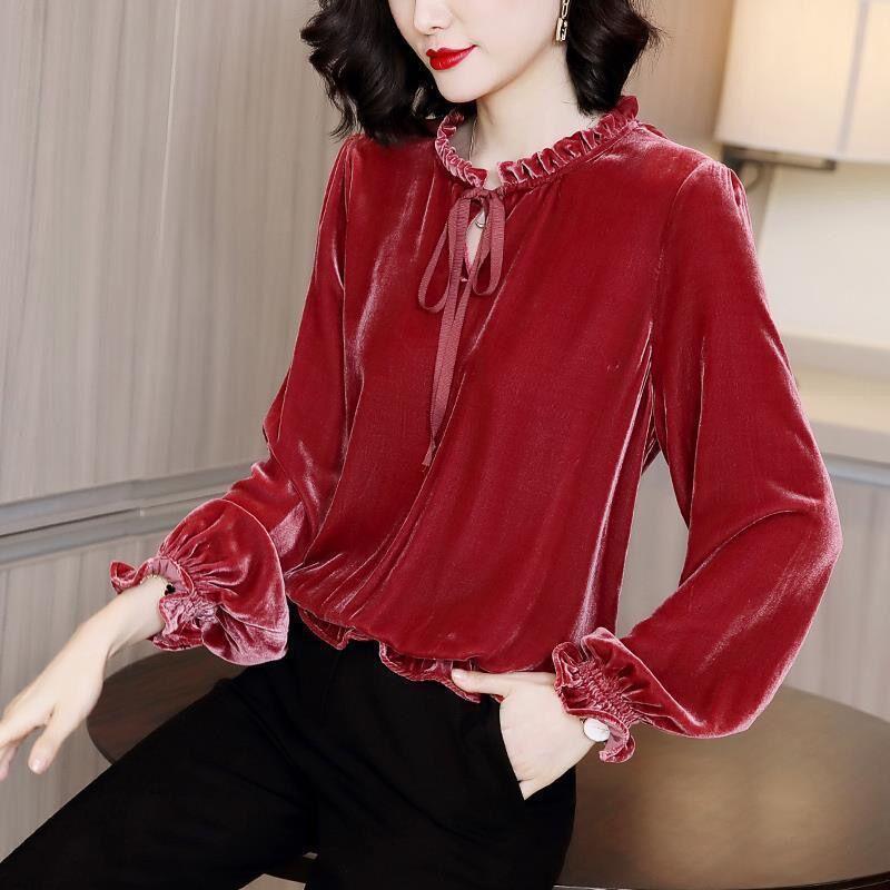 Women's Retro Velvet Loose Long Sleeve Shirt - French Korean Style, Spring 2025