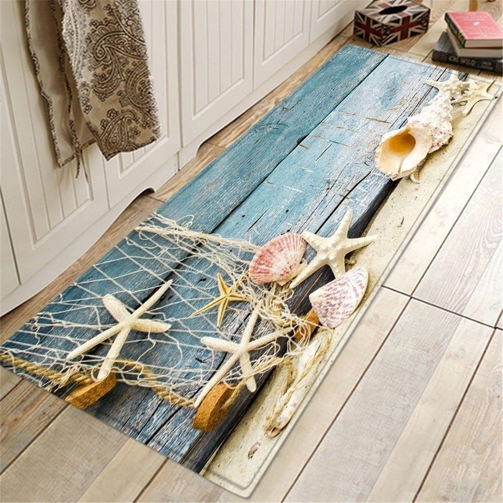 Vintage Wooden Home Carpet Mat Rug - Colorful Patchwork & Ocean Shell Design for Living Room Bedroom Home Decoration Floor Mat