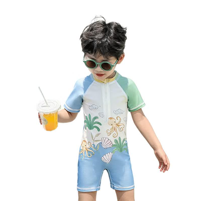 Boys' Quick-Dry Sun Protection Short Sleeve One-Piece Swimsuit