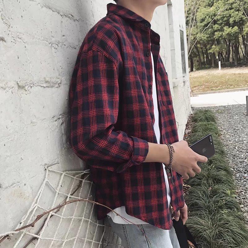 Men's Korean-Style Plaid Shirt - Long Sleeve, Loose Fit, Trendy Autumn Jacket