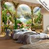 European Arch Tapestry, Waterfall And Flower Garden View, Romantic Landscape Wall Hanging For Bedroom Living Room