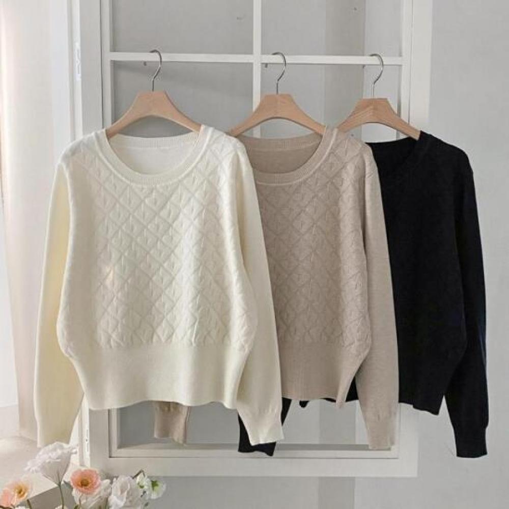 New Arrivals Open Run Diamond PaTTern Round Neck Plain KniT Ribbed T shirT