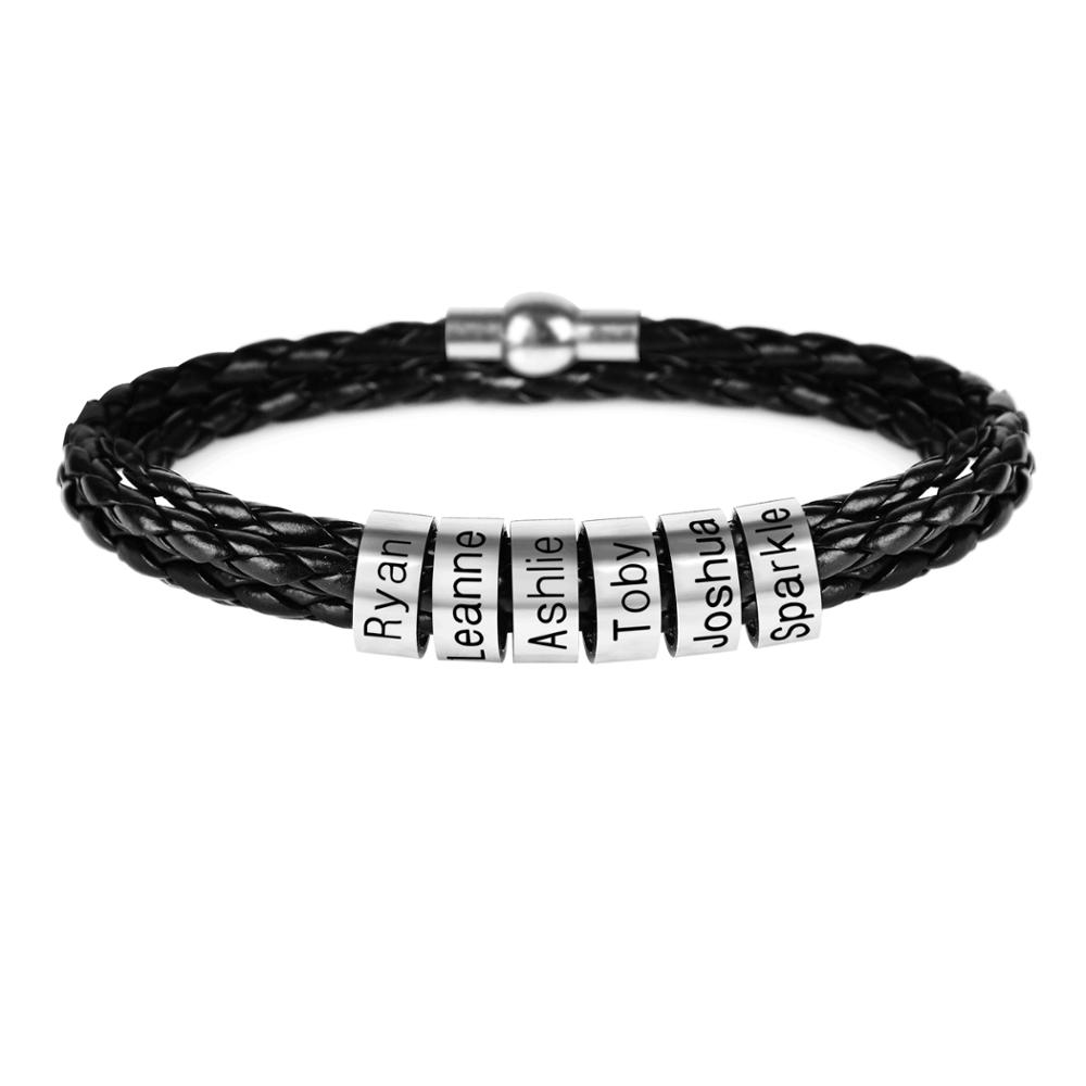 Lemegeton Custom Mens Bracelet 1-7 Names Engraved Beads Braided Leather Bracelets on Hand Personalized Jewelry Friendship Family