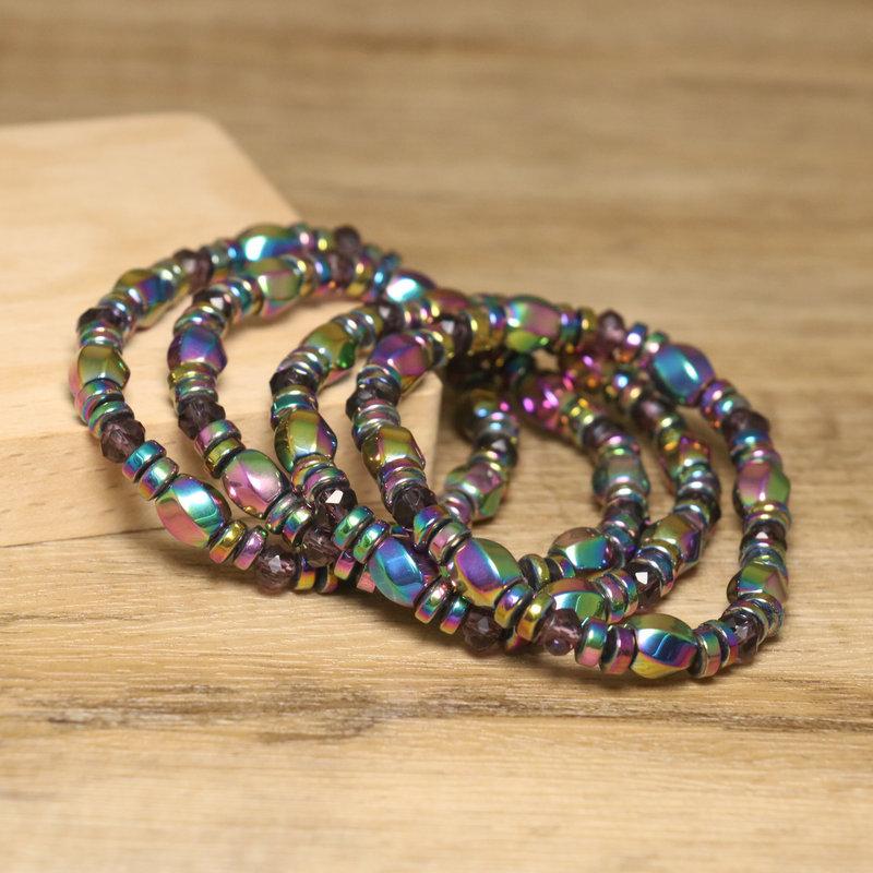 Rainbow Hematite & Crystal Bead Bracelet – Iridescent Boho Jewelry, Energy Balance Gift for Men & Women