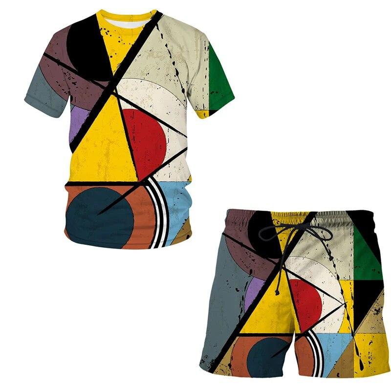 Summer fashion men's suit Abstract art pattern 3D T-shirt printed Lapel short sleeve shirt beach shorts Hawaiian men's suit 2pcs