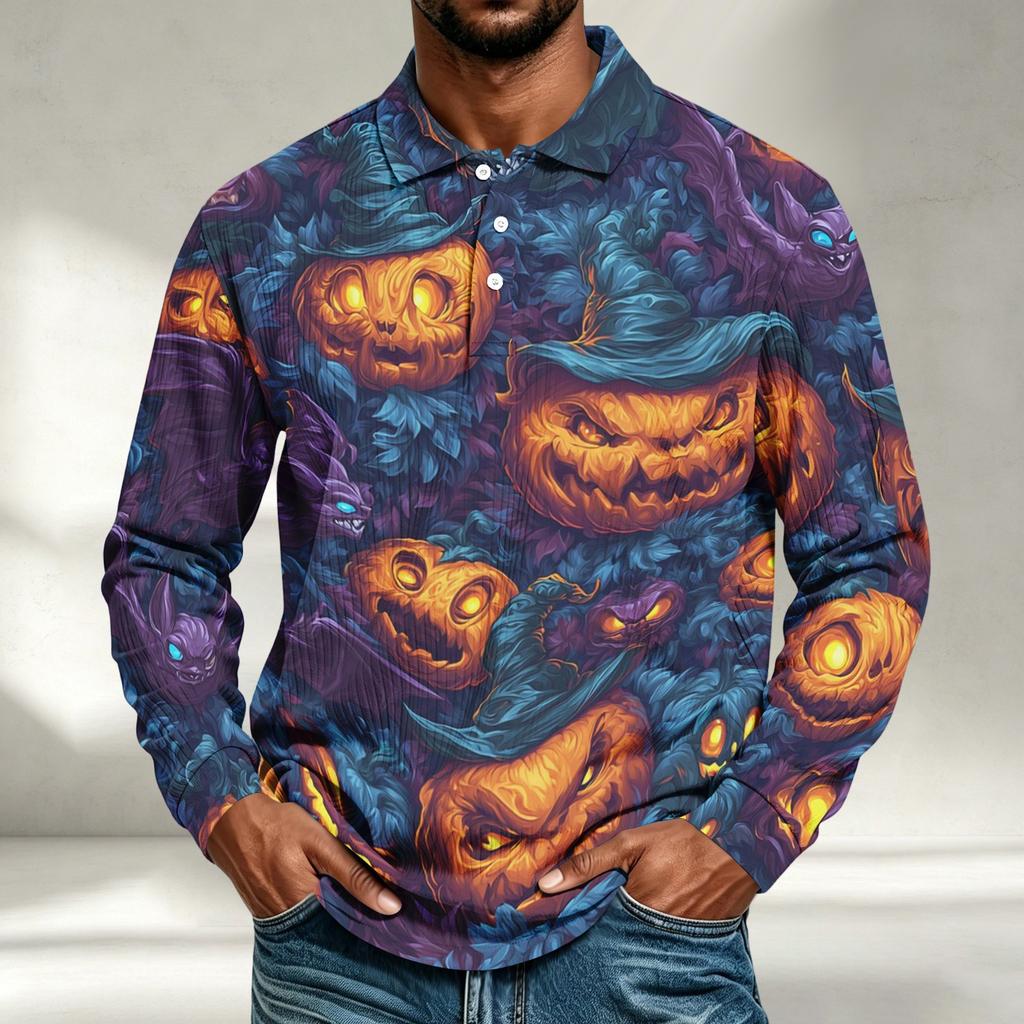 Men's Casual Halloween Printed Long Sleeve Shirt Loose Fit Top
