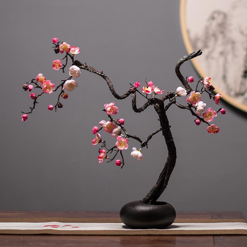 Zen Stijl Kunstmatige Pruimenbloesem en Magnolia Bloemenarrangement voor Woonkamer Decoratie