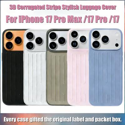 3D Corrugated Stripe Stylish Business Luggage Cover For IPhone 17 Pro Max 16 15 14 13 Metal Ice Feel Back Original For RIMOWA Shockproof Rugged Cover