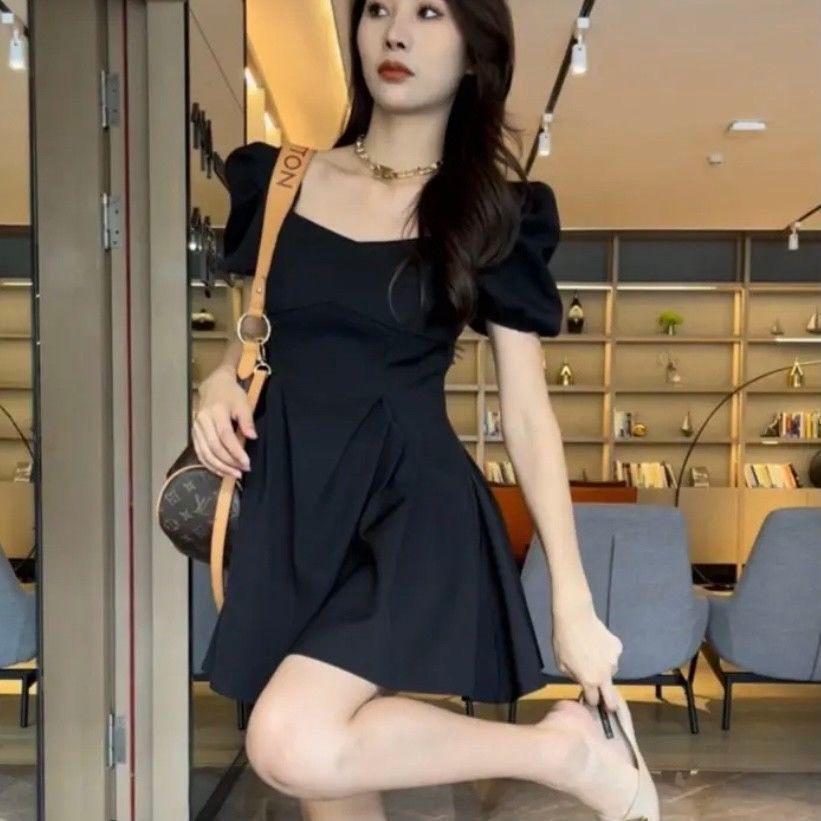 Summer Square Neck Puff Sleeve Ruched Slimming Dress for Women