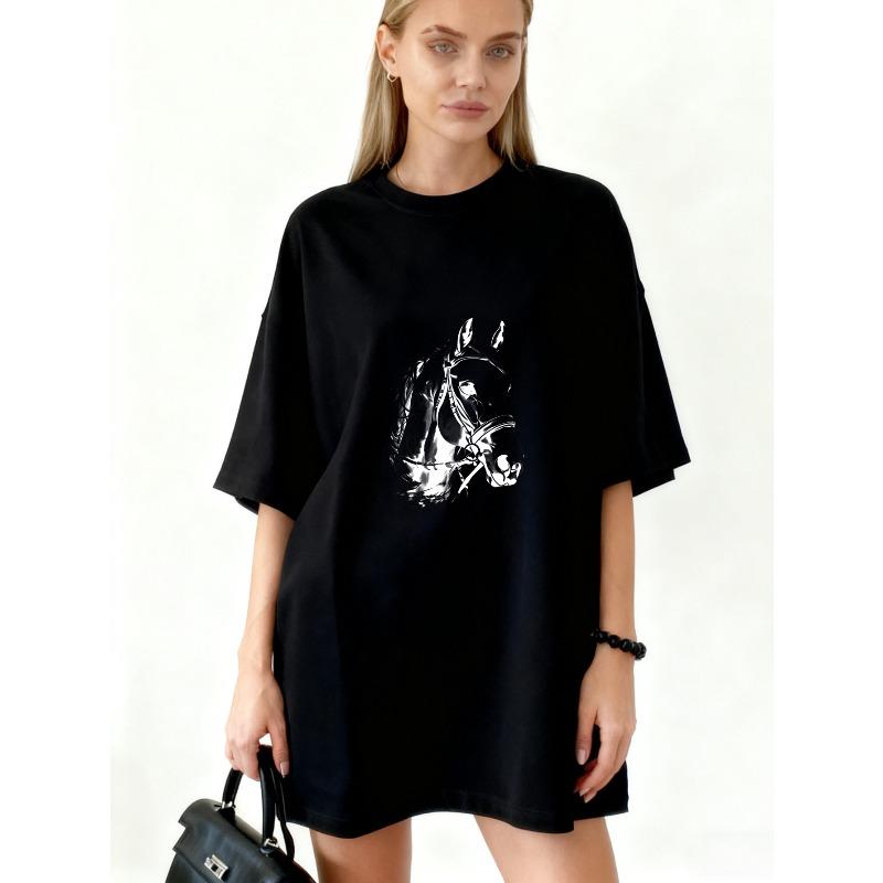 

Oversized T Shirt Dress Black Horse Print Graphic Streetwear Casual Wear XXXXL чорний