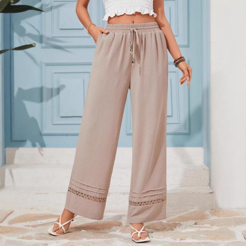 Casual Loose High Waist Solid Straight Hollow Out Wide Leg Cropped Pants For Women