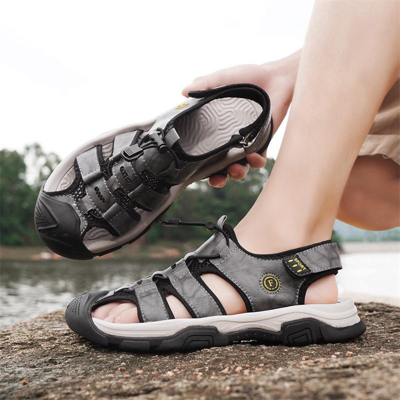 Leather Men'S Beach Shoes Fashionable And Comfortable Elastic Band Outdoor Sports Casual Shoes Breathable Hole Sandals