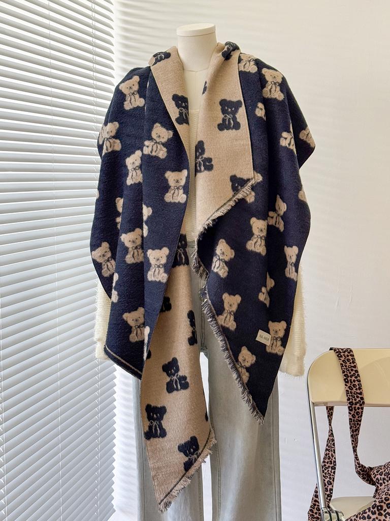 Women's Luxury Faux Cashmere Shawl Cute Teddy Bear Print Winter Wrap with Tassels Pashmina Bandana Style for 