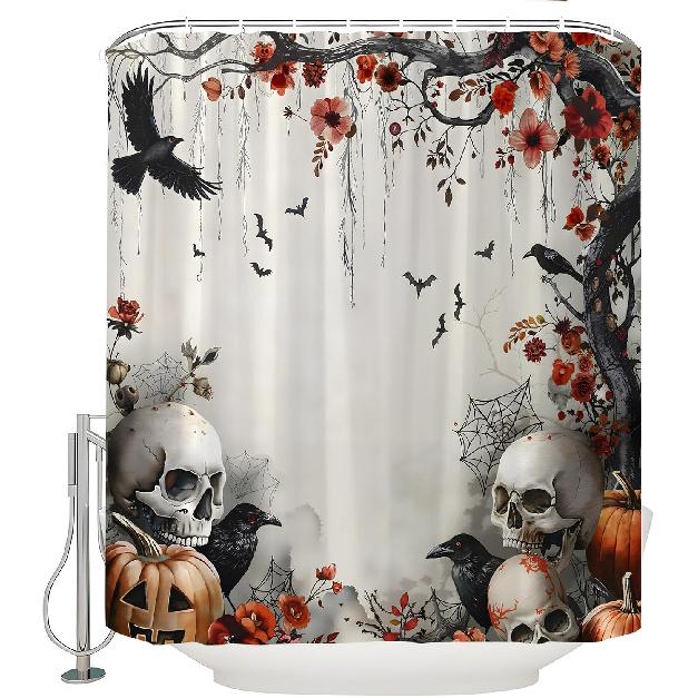 Halloween Shower Curtain Vintage Skull Scary Pumpkin Horror Crow Creepy Skeleton Gothic Fall Floral Tree Raven Spooky Bat Retro Witchy Bath Curtain