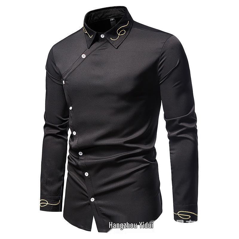

European Hollow-Out Asymmetrical Embroidered Men s Long Sleeve Western Shirt Small чорний