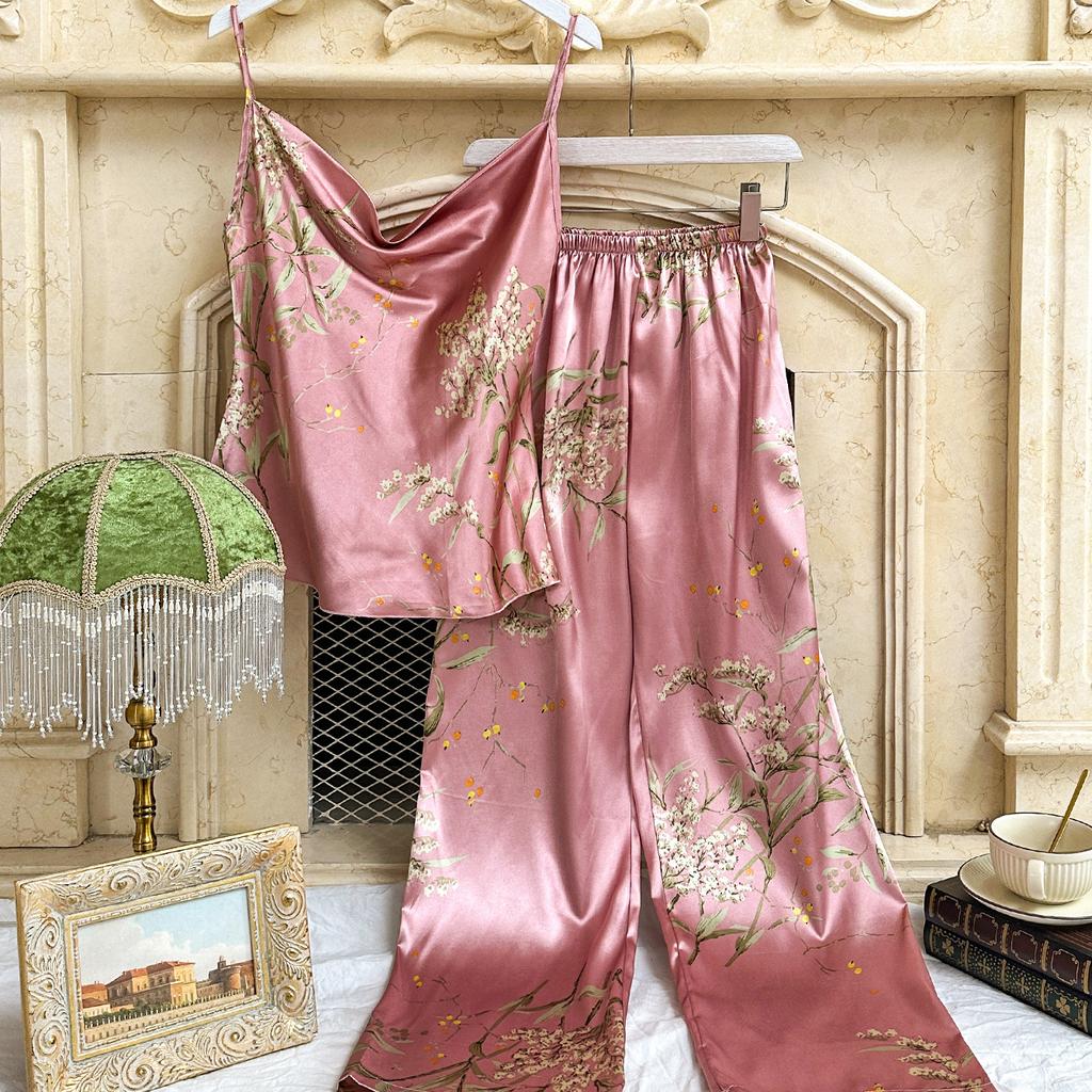 Sexy Pajama Two-Piece Set Camisole Tops Pants Loungewear Women Pijamas Suit Soft Print Flower Suspenders Sleepwear Outside