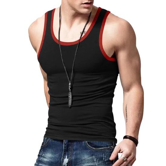 Men Sport Vest Round Neck Sleeveless Block Vest Slim Fit Color Fitness Tops Stretchy Bottoming Tops