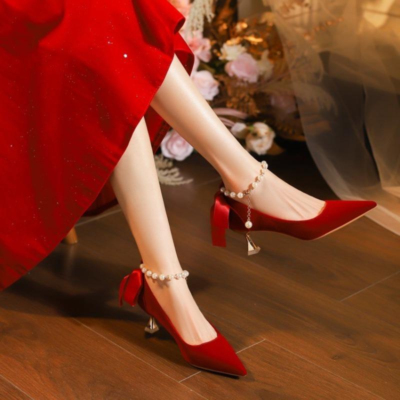 Suede Single Shoes Autumn New Pointed Toe Shallow Mouth Beaded One Strap Anti-Slip Wear-Resistant High Heels