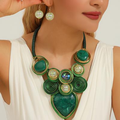 Statement Jewelry Set Trendy Resin Gem Crystal Beads Aluminum Wire Handmade Woven Necklace And Earrings Women Party Accessories