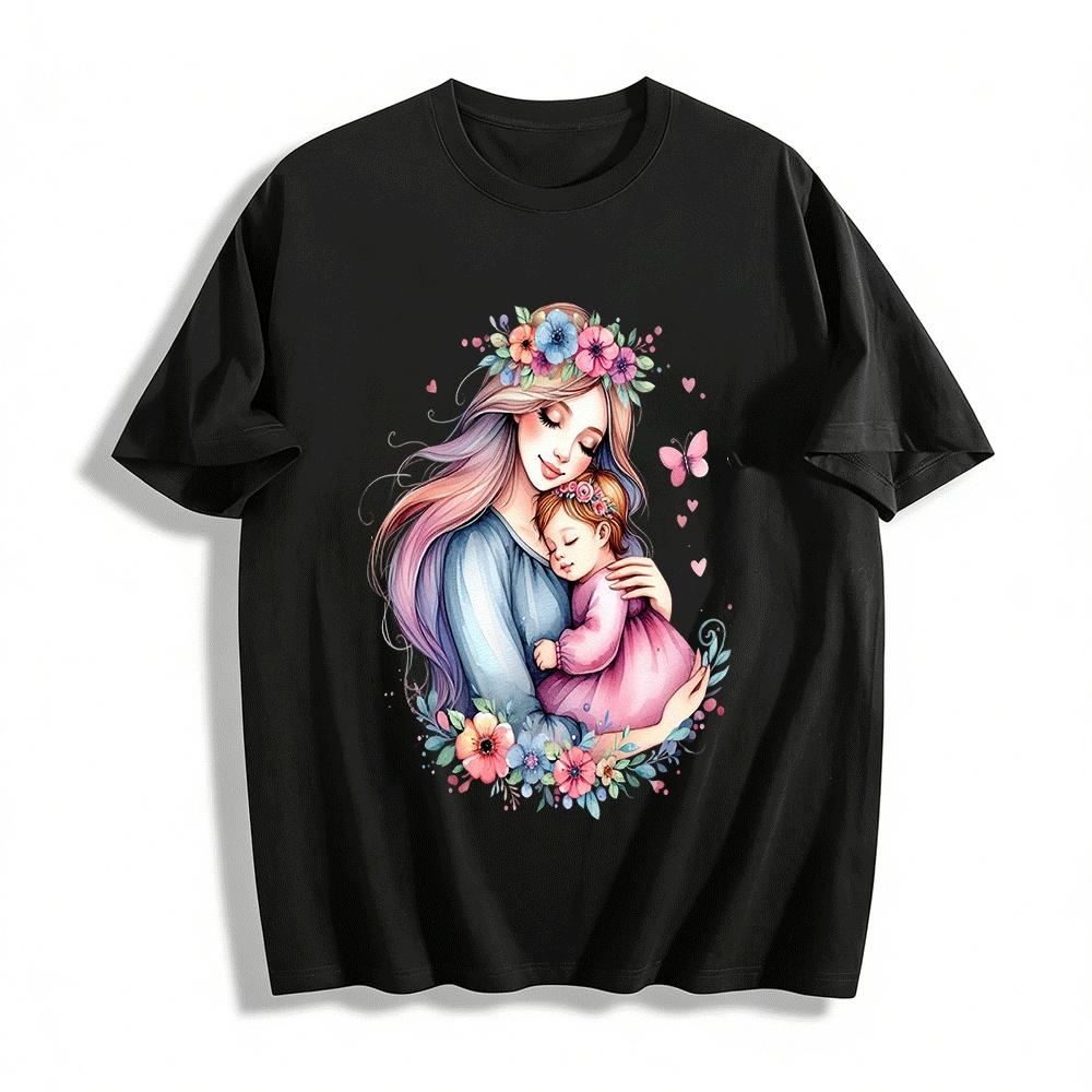 Floral Print Top with Warm Mother and Child Embrace Design Pure cotton T-shirt XXS