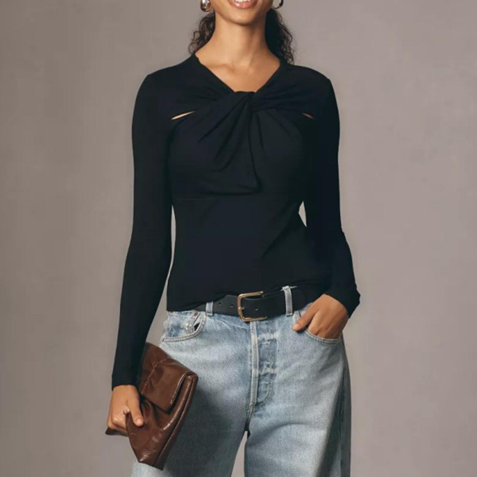 

Women s V-neck knotted solid color long-sleeved top XL чорний