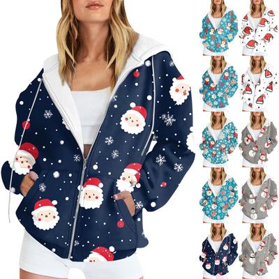 Damen Weihnachtspullover mit Aufdruck, langärmelig, Strickjacke, mit Taschen, Reißverschluss, Kapuzenpullover, Oberbekleidung