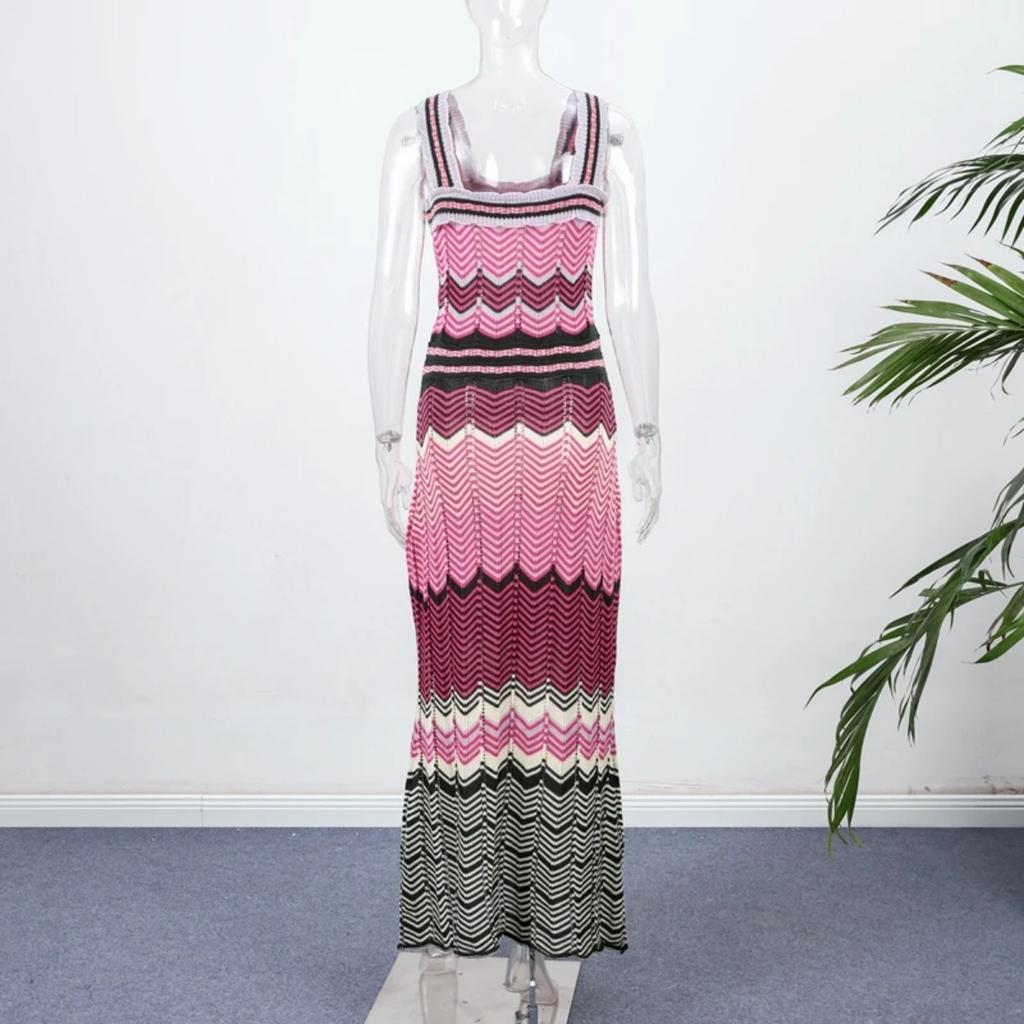 Elegant Knitting Dress Women Slim Sleeveless Square Collar Sling Long Dresses New Female Vacation Fashion Robes