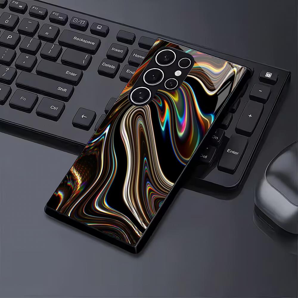 Custodia per Telefono in Vetro Temperato con Design Black Vortex Adatta per Samsung Galaxy S26 S25 S24 S22 S21 S20FE/Ultra/Plus Copertura Posteriore Antiurto