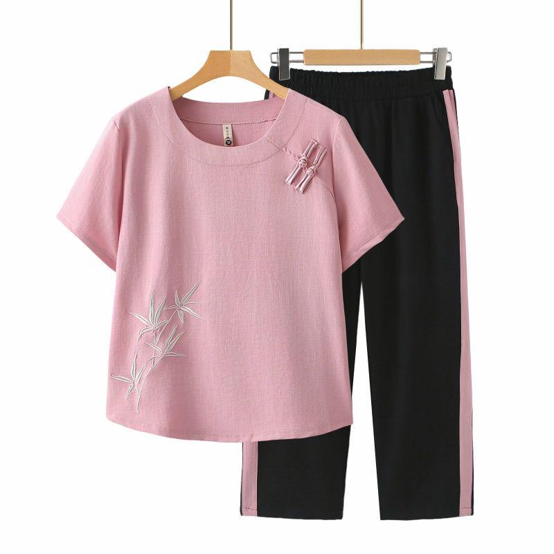 

Mom s Summer Casual Chinese-Style Short Sleeve Outfit - 2026 Middle-Aged & Elderly Women s Wear 3XL (115-130 jin)