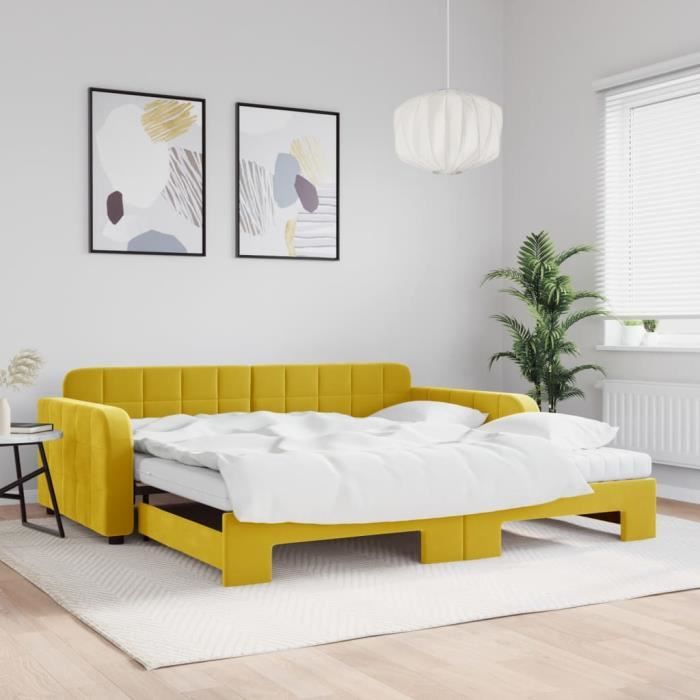 VidaXL Daybed with Trundle and Mattress Yellow 100x200 Cm Velvet 3196965