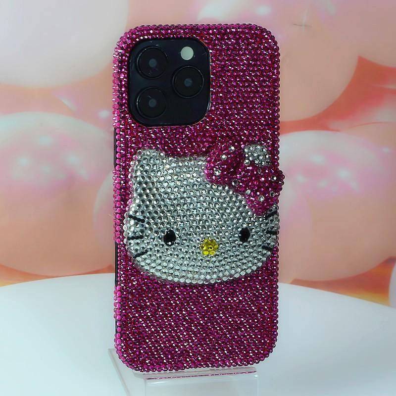 Pink Rhinestone Head Kitty Phone Case IPhone 17 Pro Max 16 15 14 13 Series Soft Silicone Cover Anti-Slip Shockproof