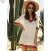 DX~Women's Sexy Hollow Out V-neck Short Sleeved Contrasting Hand Hook Patchwork Loose Beach Sun Protection Cover