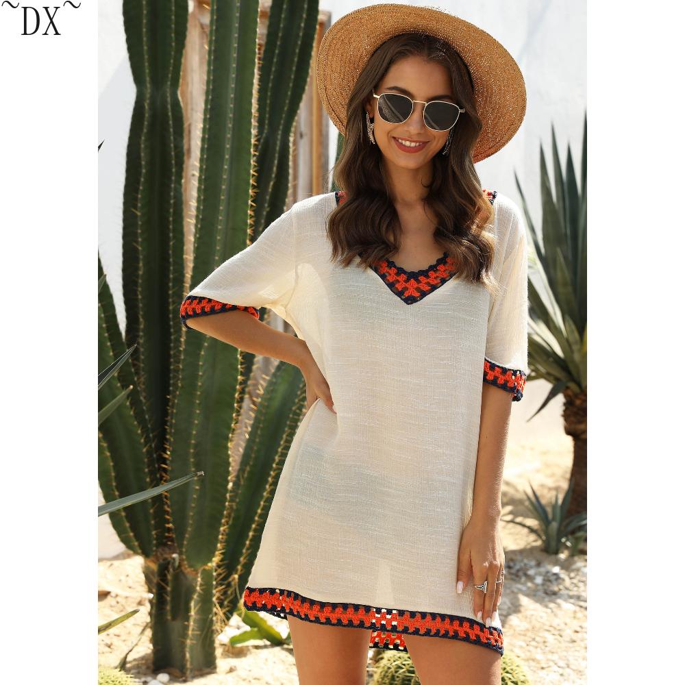 DX~Women's Sexy Hollow Out V-neck Short Sleeved Contrasting Hand Hook Patchwork Loose Beach Sun Protection Cover