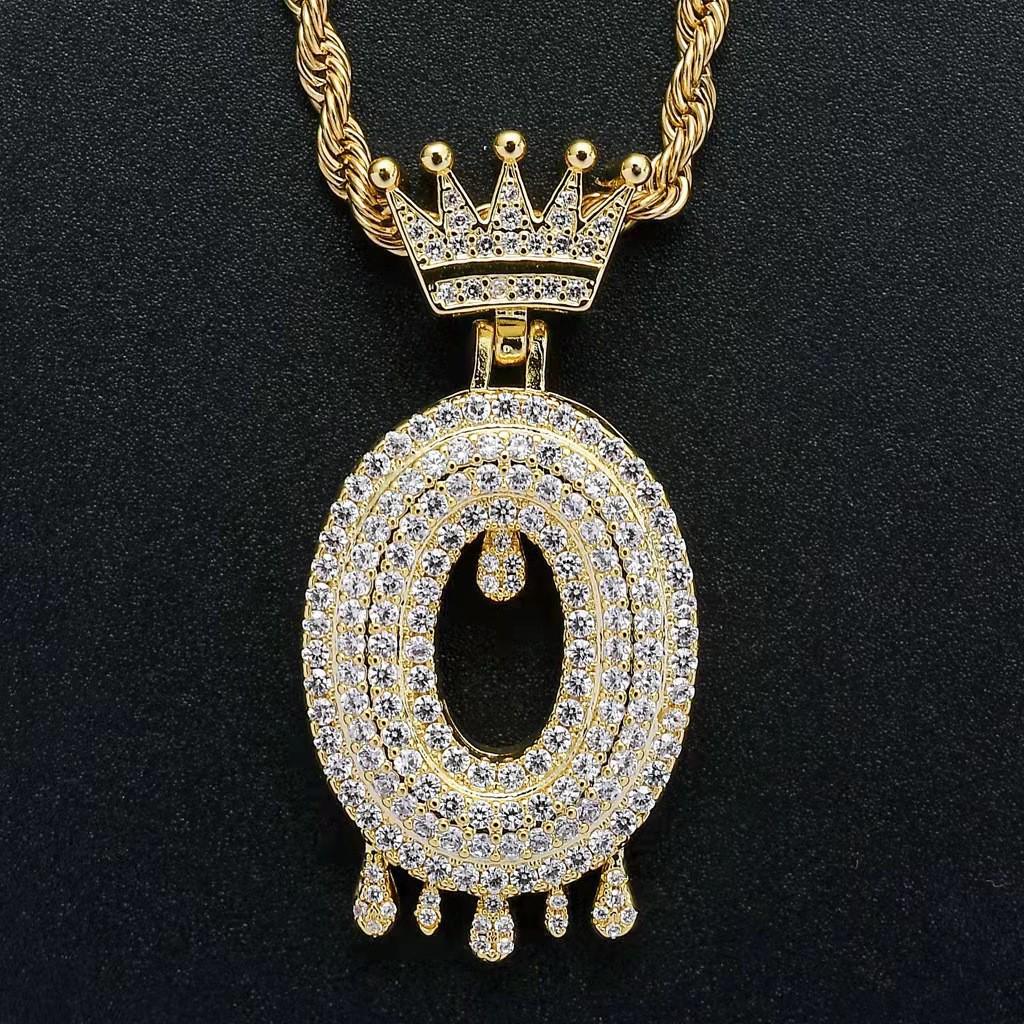 Stylish Hip Hop Zircon Crown Pendant Necklace with 26 English Letters for Women