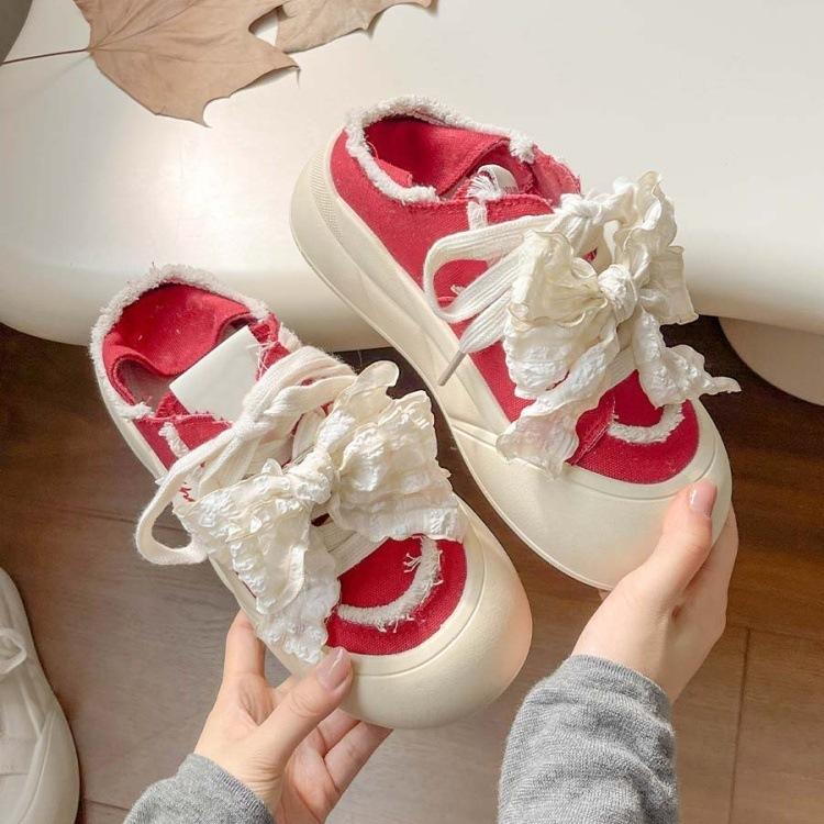 Cute Bow Platform Bread Women's Autumn Thin Ins Students Versatile Two Wear Board Shoes