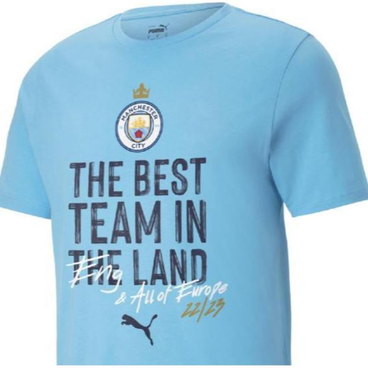 Puma Mcfc Champions League Winners Tee Retro Manchester City Commemorative Letter Print Crew Neck Short Sleeve T-Shirt Men Tops Light-Blue 779046-04