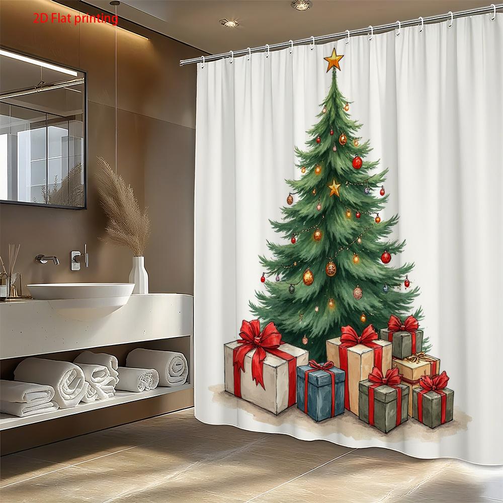 1Pc Christmas Tree Print Shower Curtain - Machine Washable With Hooks, Polyester Fabric Shower Curtain For Bathroom Decoration