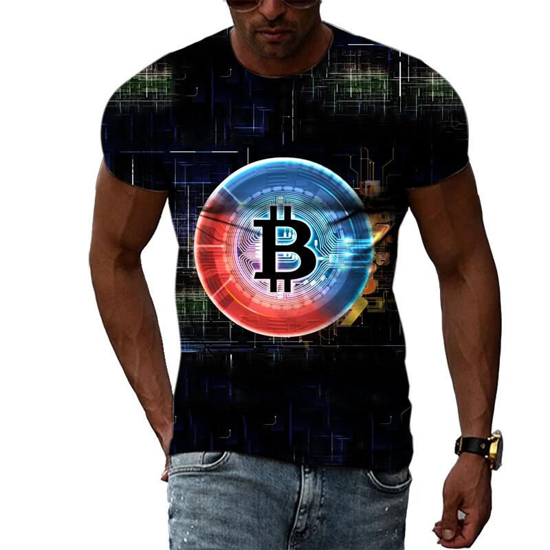 Summer Fashion Abstract Bitcoin 3D Print Tee Hip Hop Harajuku Personality Round Neck Short Sleeve Casual Men's T-shirts