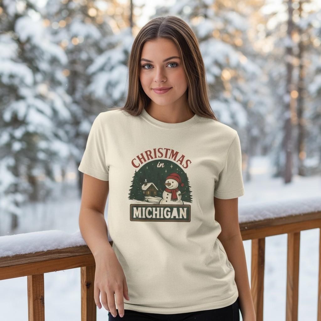Christmas Snowman Michigan Tee Shirt, Holiday State Unisex Heavy Cotton Tee, L