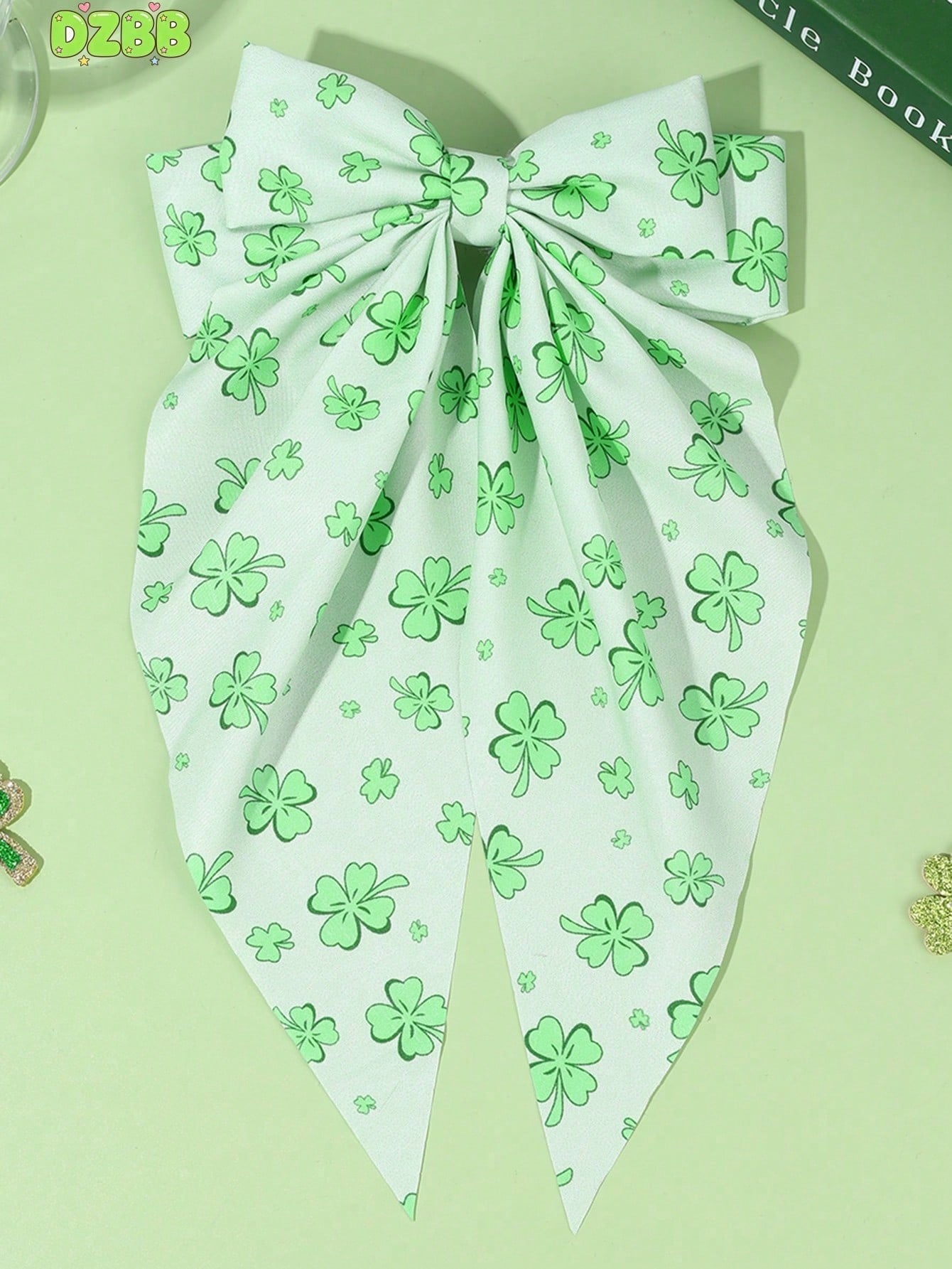 

1pc Green Ribbon Big Bow Hair Clip, Clover Print Hair Clip, Fashion Hair Accessory, Lucky Gift Bow Hairpin зелёный