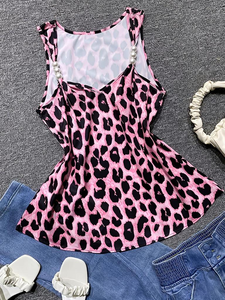 Übergröße Leopardendruck Spaghettiträger Tanktop mit Schmuckverzierungen - Sommer Damen Europäischer & Amerikanischer Stil.
