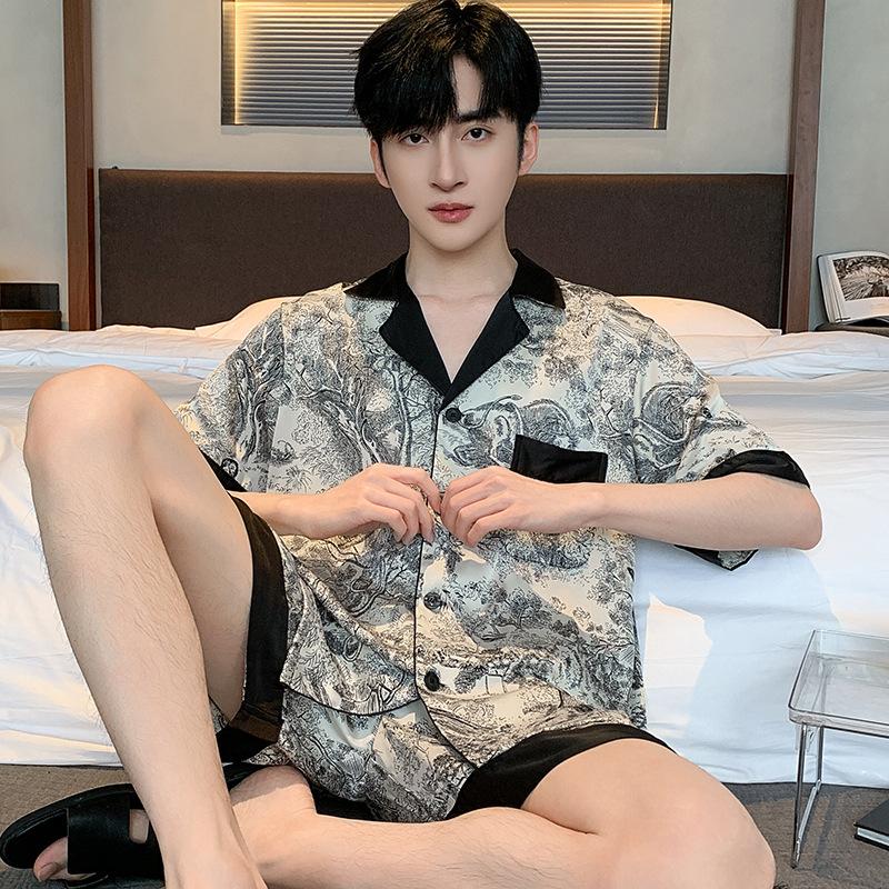 Ink Wash Painting Men Pajamas Suit Ice Silk Thin Summer Short-sleeved Satin National Style Loungewear Loose Sleepwear Male Gift