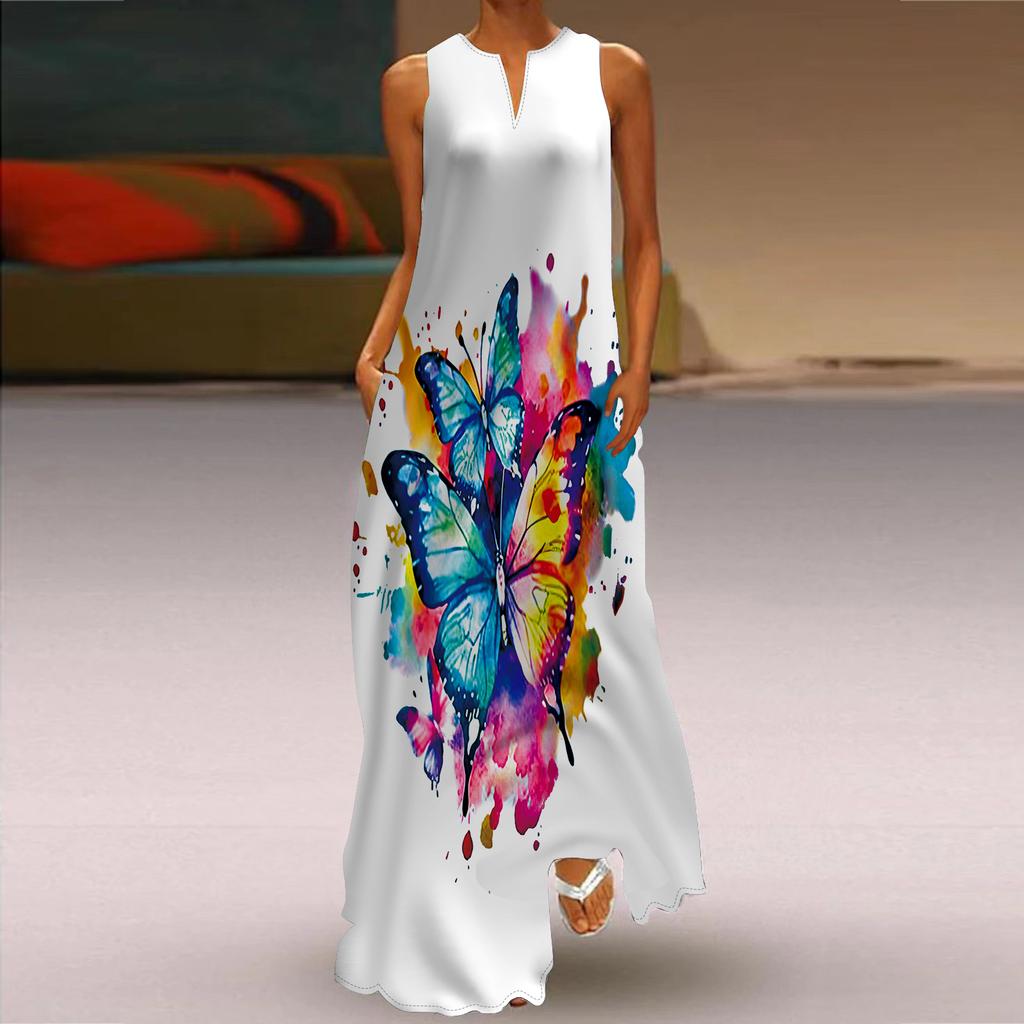 Women's A-line Dress Maxi Long Sleeveless Colorful Graffiti Print Autumn and Winter V-neck Retro Style Elegant