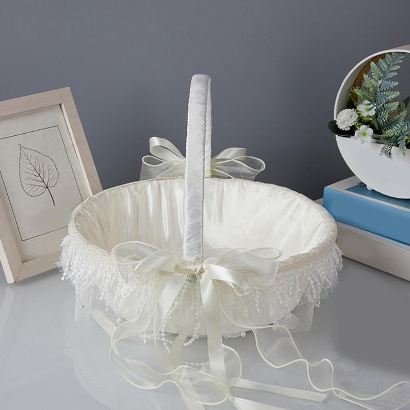 White Ruffle Flower Girl Basket with Lace and White Ribbon for Various Wedding Themes For Wedding Day