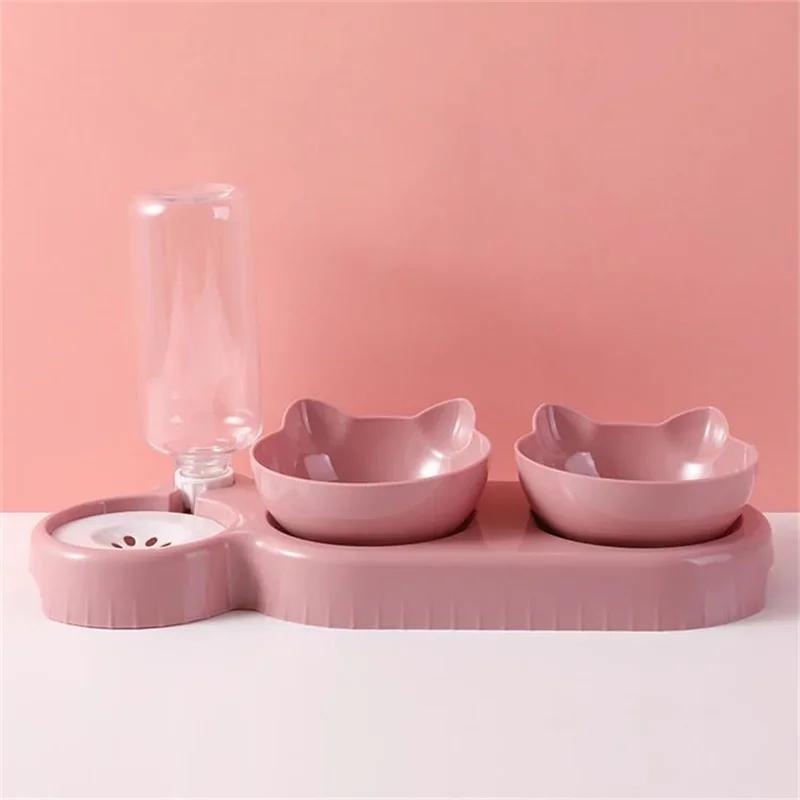 Cute Pet Cat Bowl Automatic Feeder Water Dispenser Dog Cat Food Bowl with Drinking Raised Stand Double Dish Bowls Pet Supplies