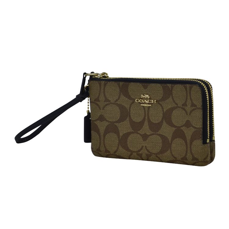 Coach Corner Zip Double Zipper Double Layer Monogram Canvas With Leather Wristlet Clutch Women clutch Dark-Khaki 87591-IMDT3