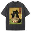 Vintage Japanese Cat Printed Funny Washed T-Shirt Holiday Summer 100% Cotton Tops Casual Loose Fittness Chic Tunics