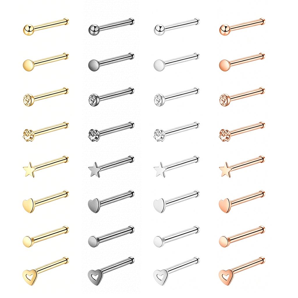 Unisex Nose Ring Stud Set Surgical Steel Hypoallergenic L Shape CZ Diamond Trendy Piercing Jewelry for Men Women Daily WearStyle