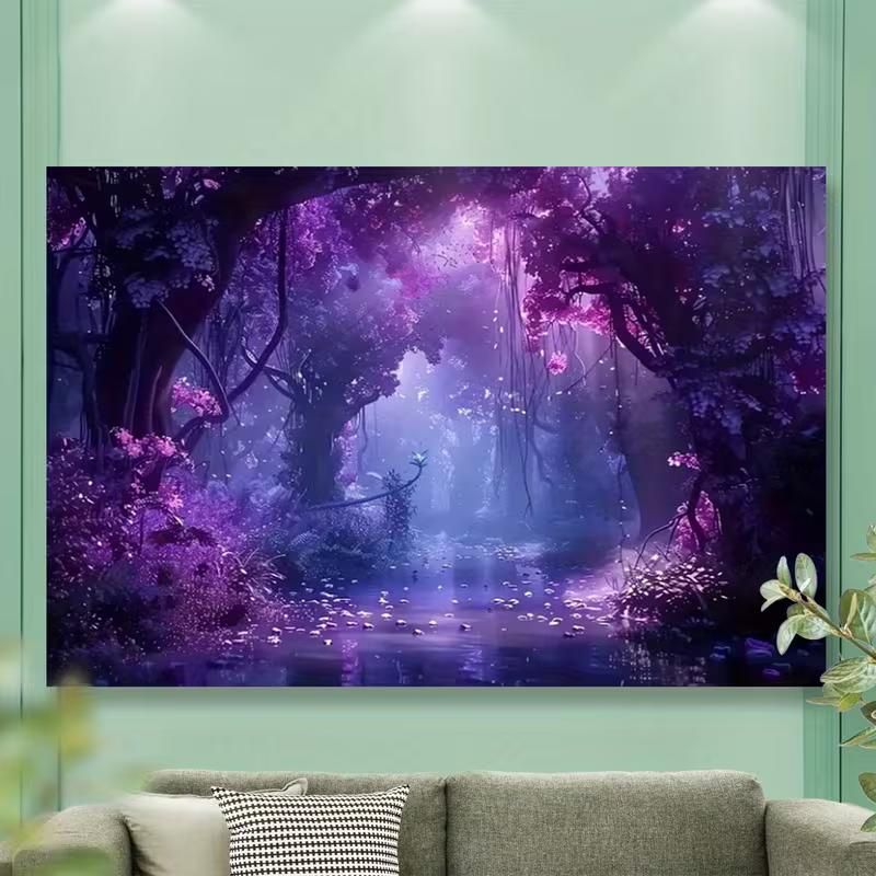 2D Dreamy Purple Forest Tapestry, Magical Fantasy Landscape Background Cloth